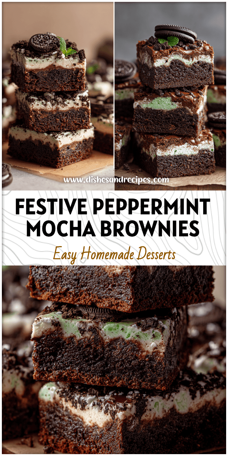 Stack of Peppermint Mocha Brownies topped with crushed Oreos for a festive Christmas dessert.